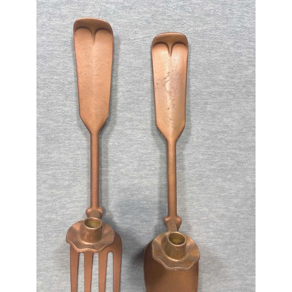 Vtg Oversized Copper Color Fork Spoon Wall Decor Taper Candle Holder Set‎ 20in